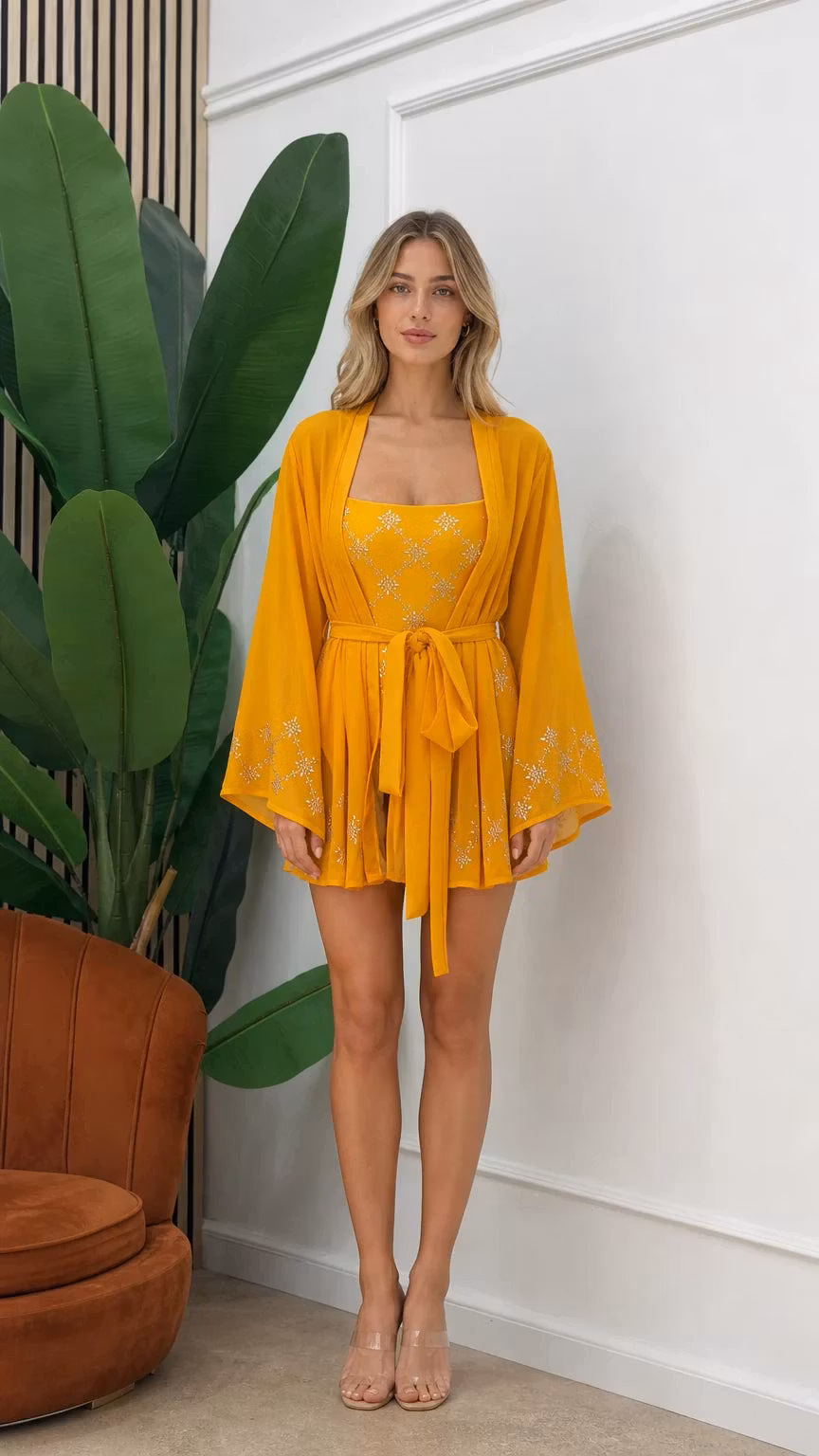 Embellished Three-Piece Romper and Kimono Set - ellahollywood