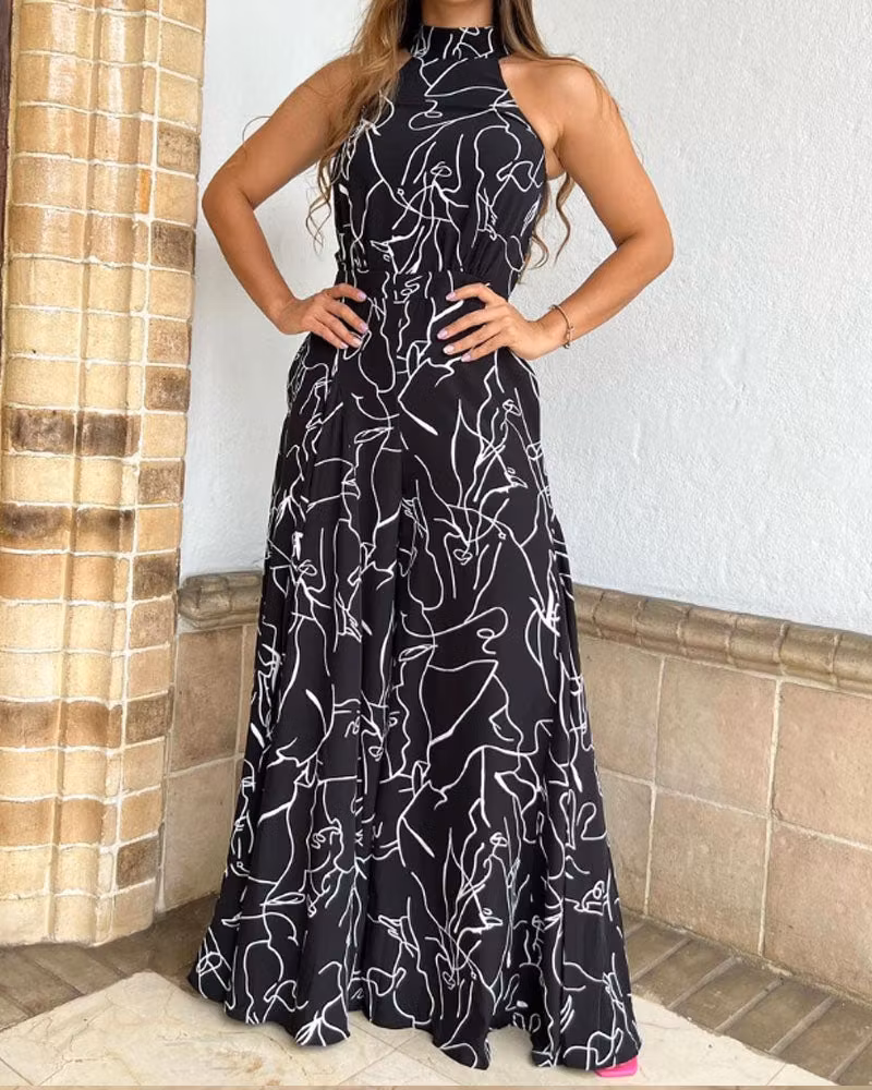 Halterneck Sleeveless Art Print Jumpsuit - ellahollywood