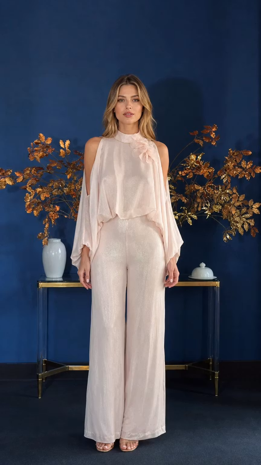 Cold-Shoulder Overlay Jumpsuit with Floral Detail - ellahollywood