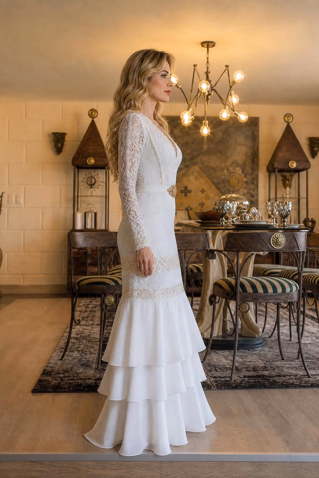 Elegant Lace Long-Sleeve Mermaid Maxi Dress With Tiered Ruffle Hem - ellahollywood