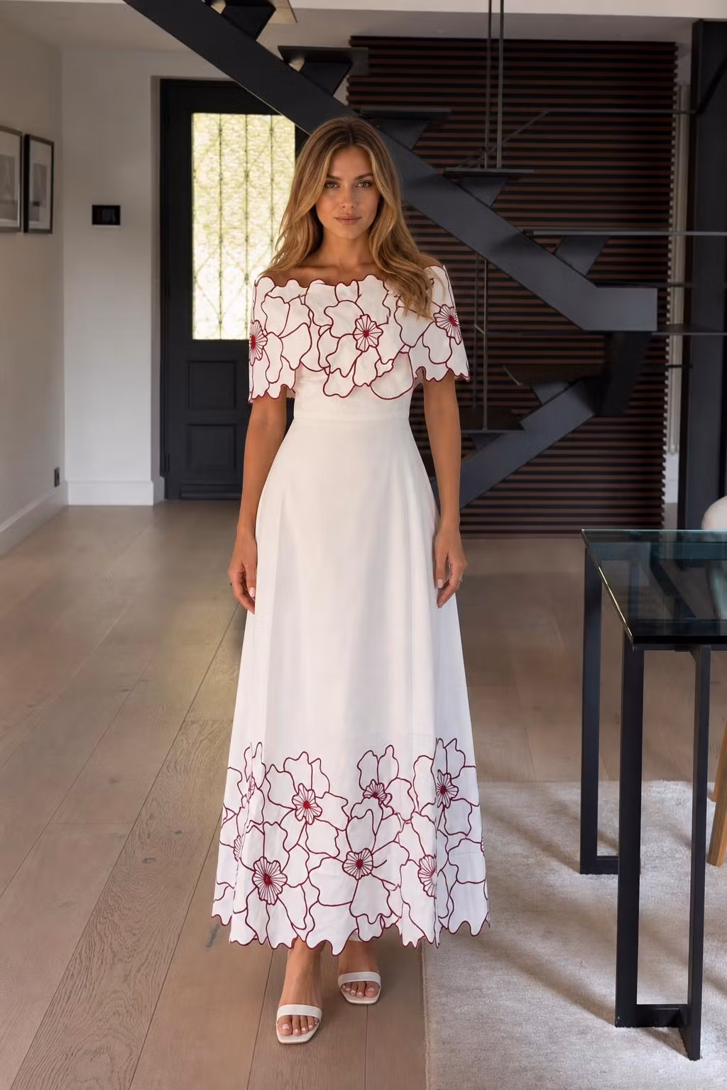 Elegant Off-The-Shoulder Floral Embroidered Maxi Dress - ellahollywood
