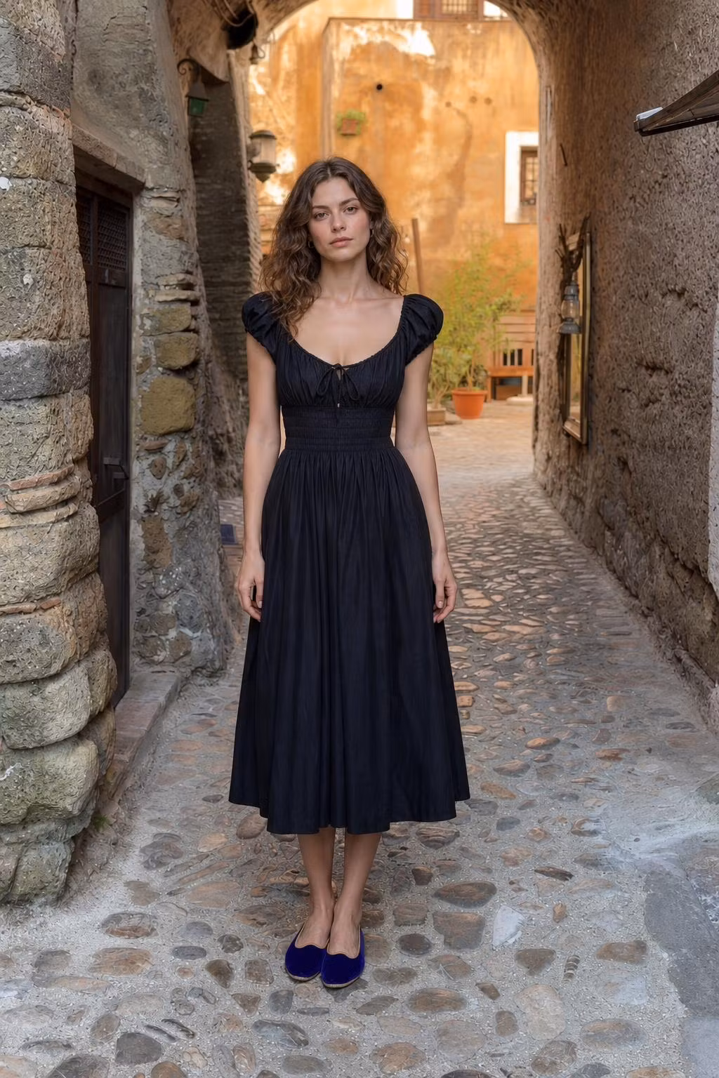 Elegant Square Neck Smocked Midi Dress - ellahollywood