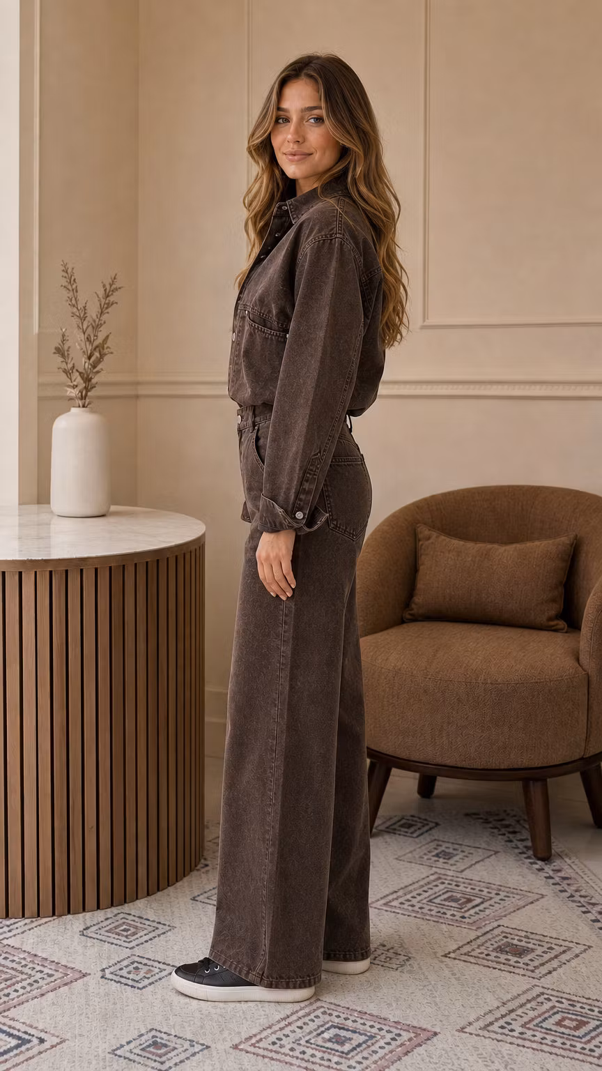 Washed Denim Button-Front Wide-Leg Utility Jumpsuit - ellahollywood