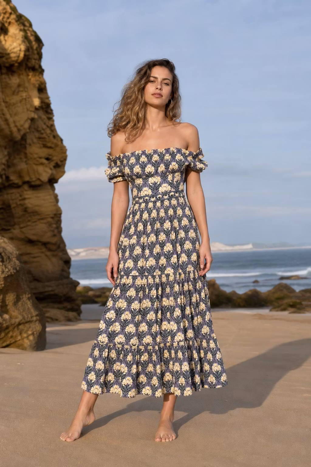Bohemian Off-The-Shoulder Floral Print Tiered Midi Dress - ellahollywood