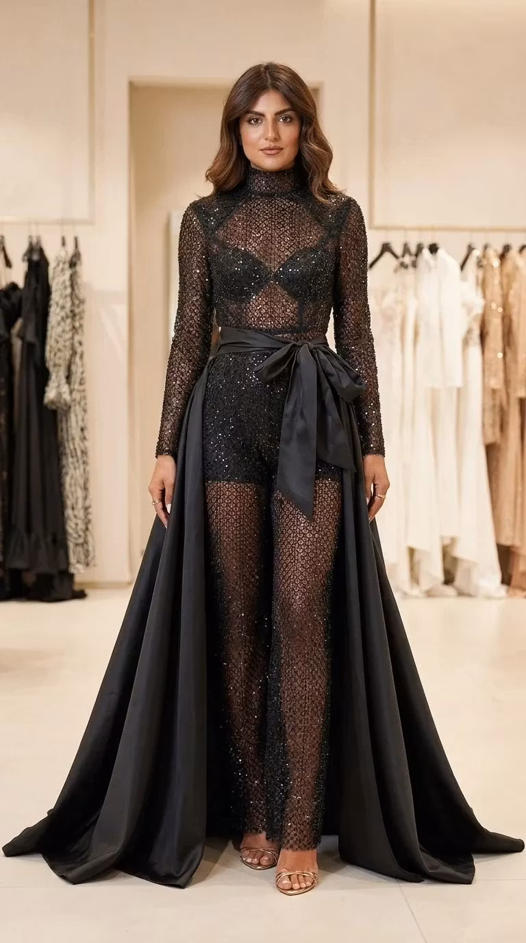 Sequin Mesh Jumpsuit with Detachable Overskirt - ellahollywood