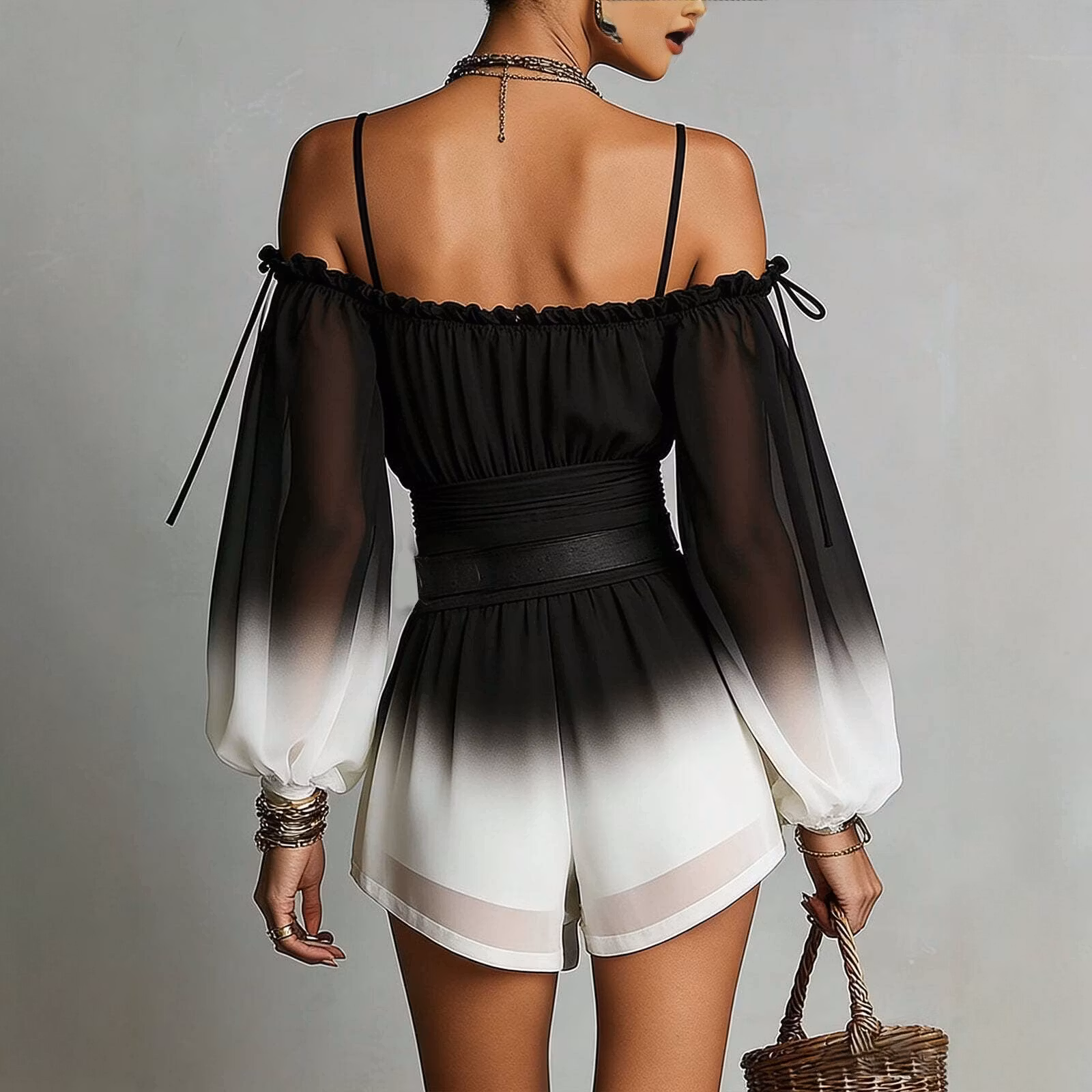 Off-Shoulder Ombre Jumpsuit Summer Sexy Bandage Waist-Fitted Shorts With Belt - ellahollywood