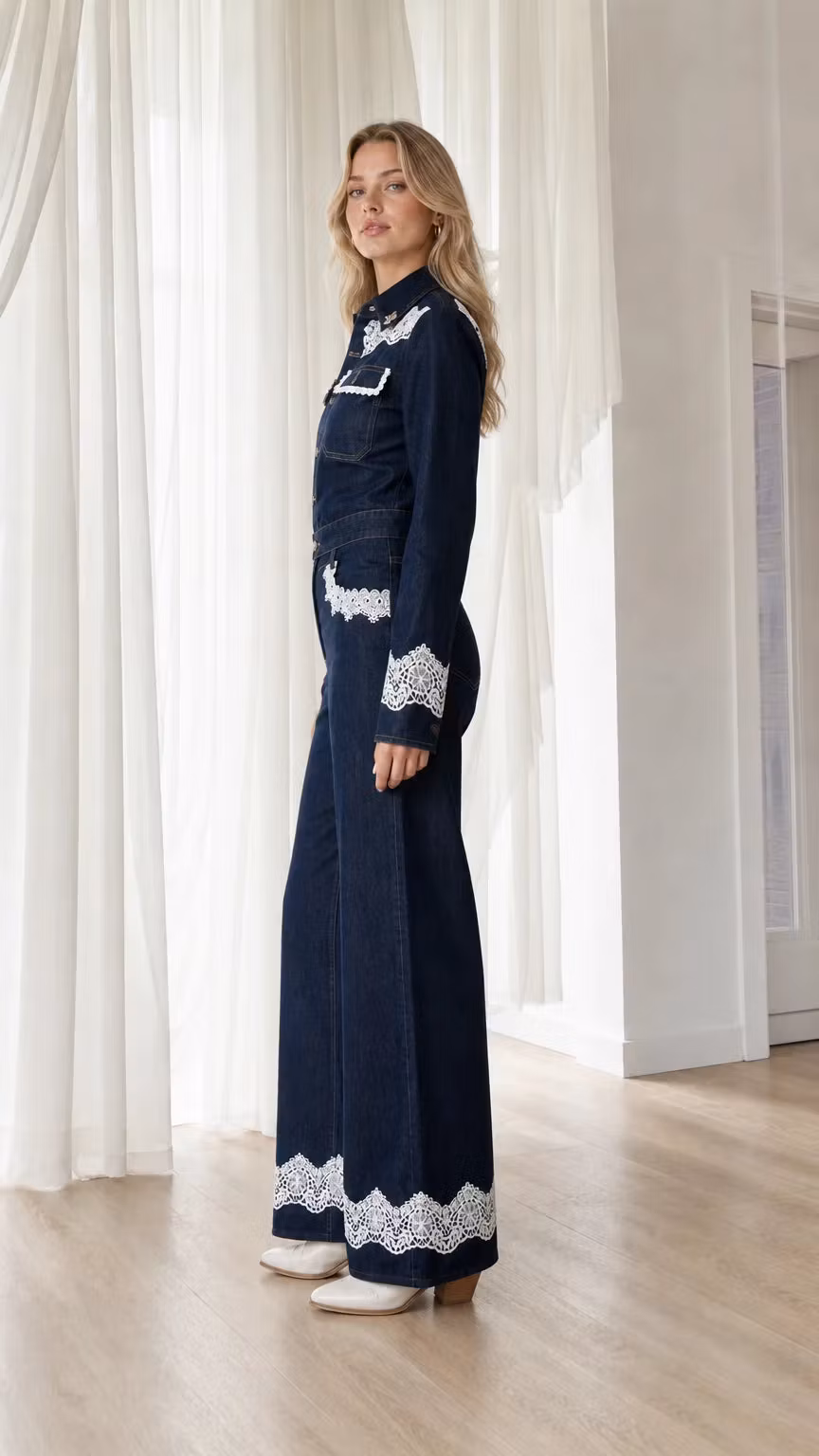 Western-Inspired Lace Trim Denim Jumpsuit - ellahollywood