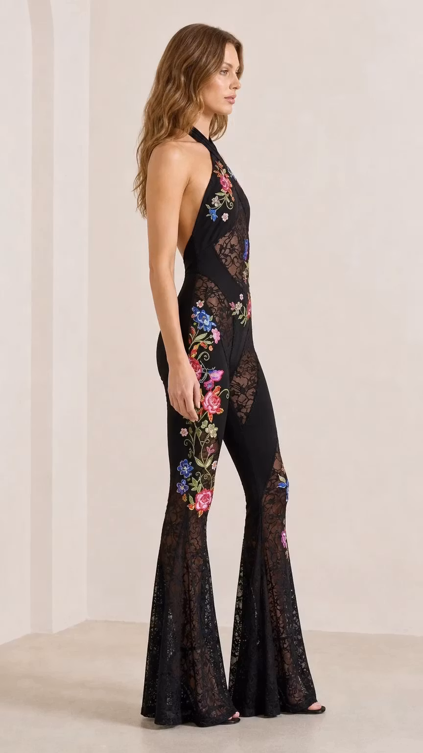 Halter Neck Floral Embroidered Lace Panel Jumpsuit - ellahollywood