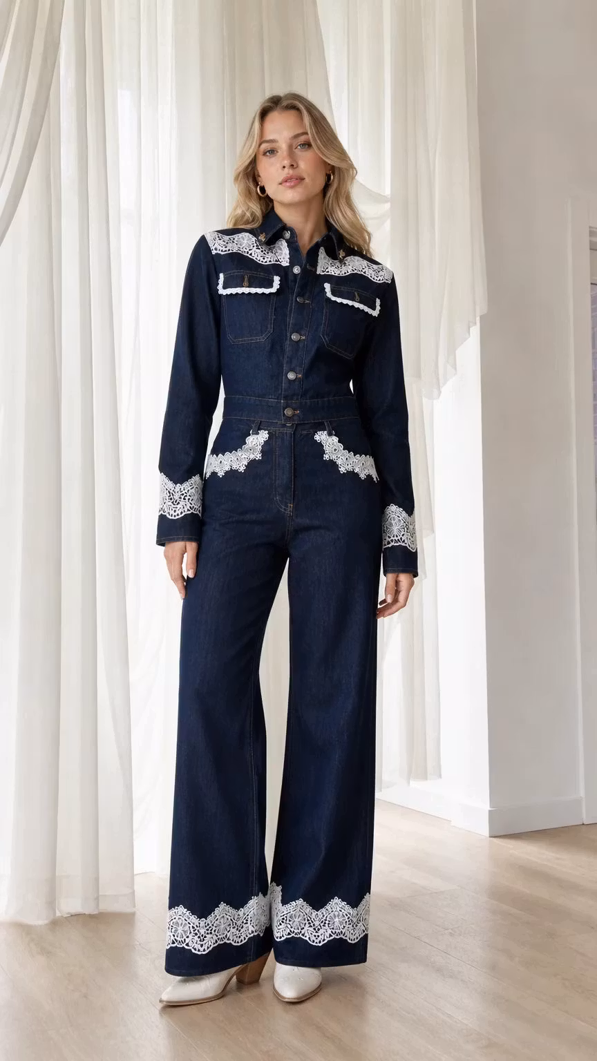 Western-Inspired Lace Trim Denim Jumpsuit - ellahollywood