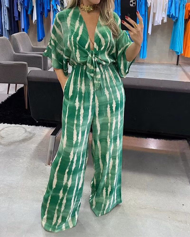 Lace-Up Printed Loose Jumpsuit - ellahollywood