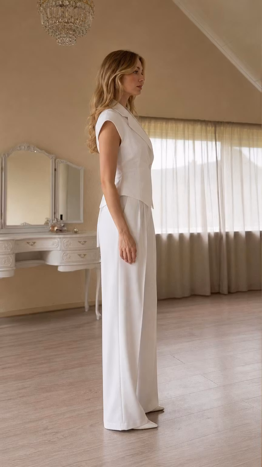Sleeveless Blazer Vest and Wide-Leg Pants Two-Piece Set - ellahollywood