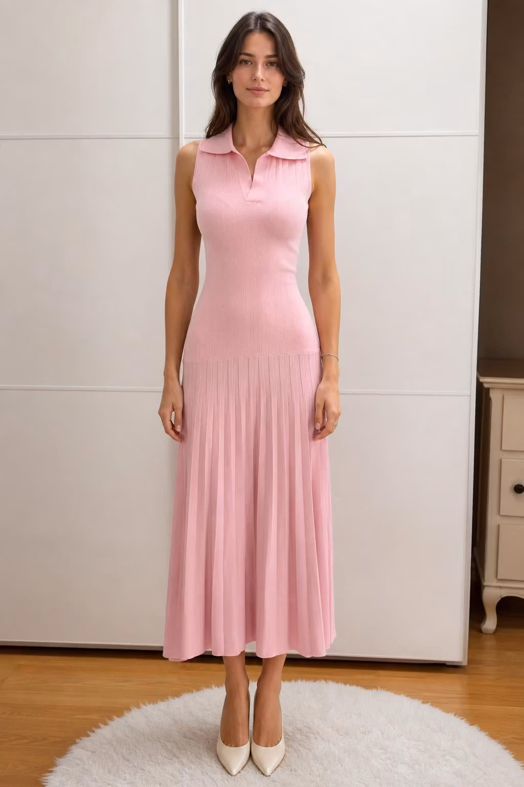 Sleeveless Polo Collar Pleated Knit Midi Dress - ellahollywood