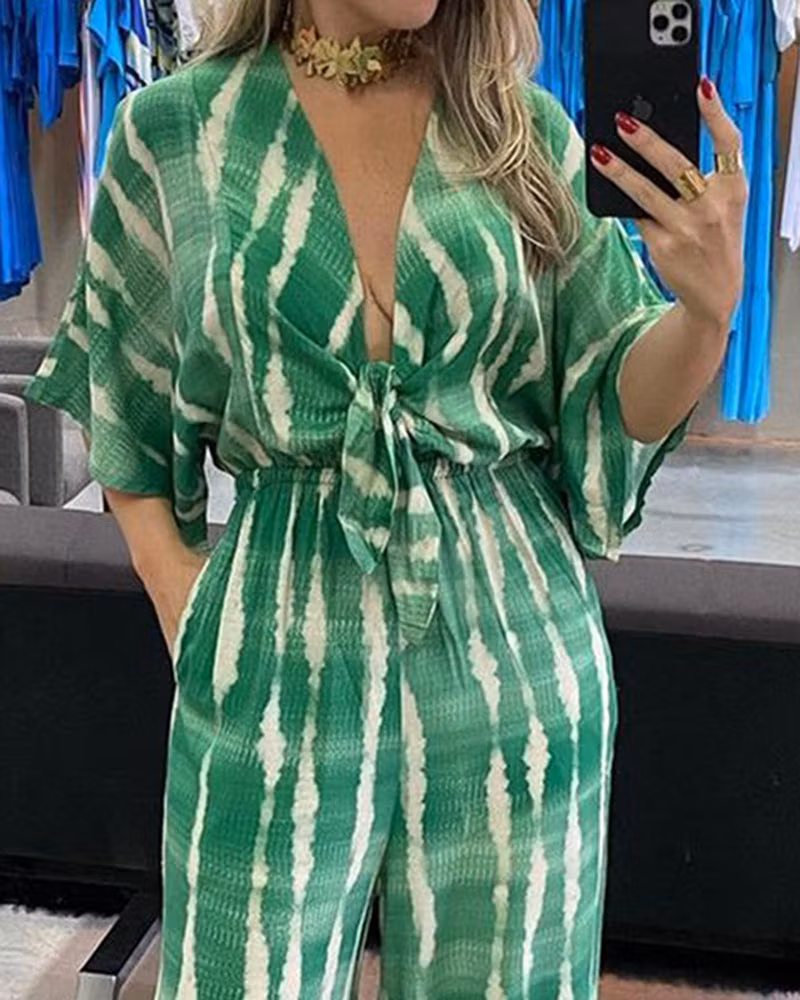 Lace-Up Printed Loose Jumpsuit - ellahollywood