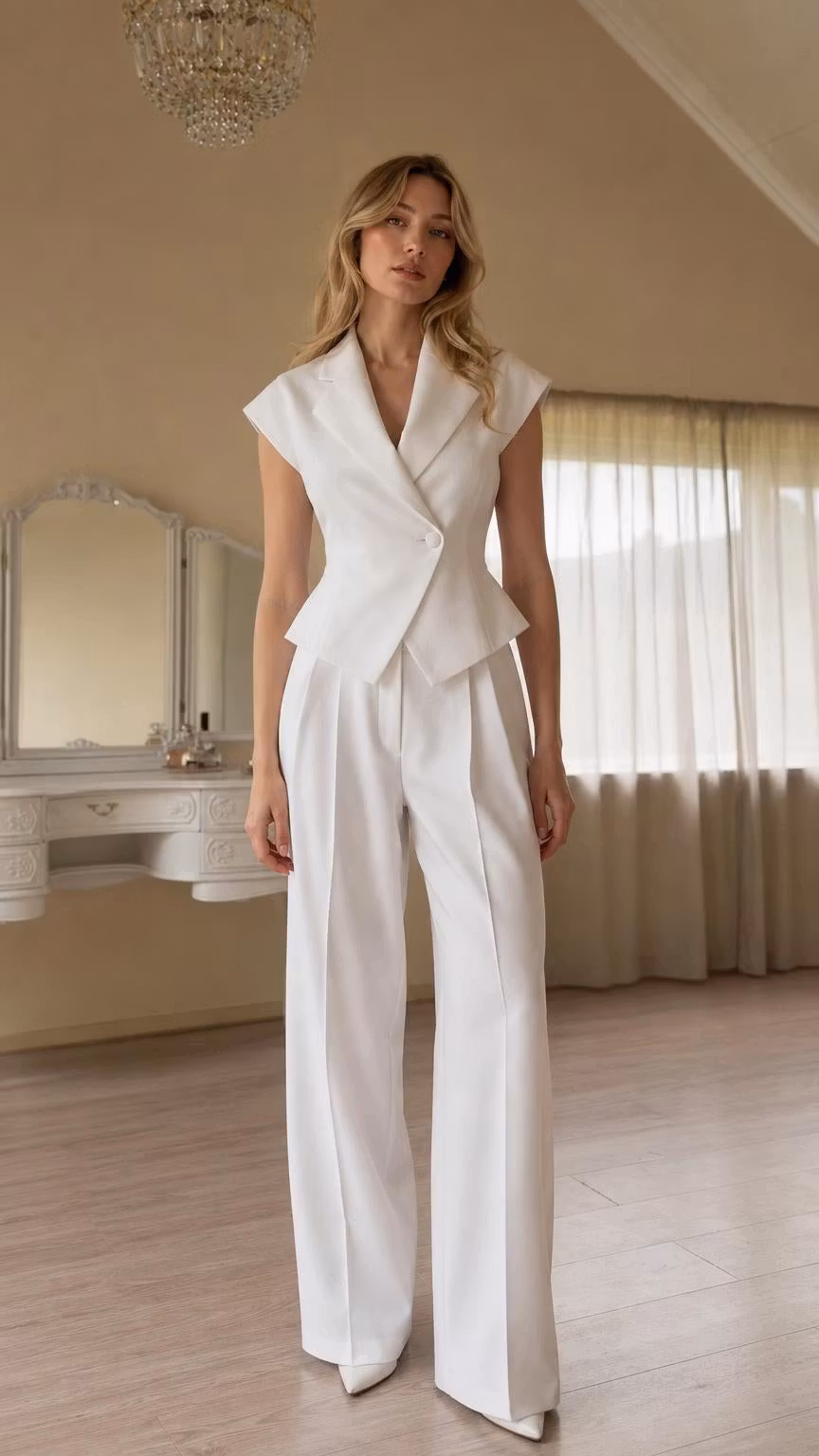 Sleeveless Blazer Vest and Wide-Leg Pants Two-Piece Set - ellahollywood