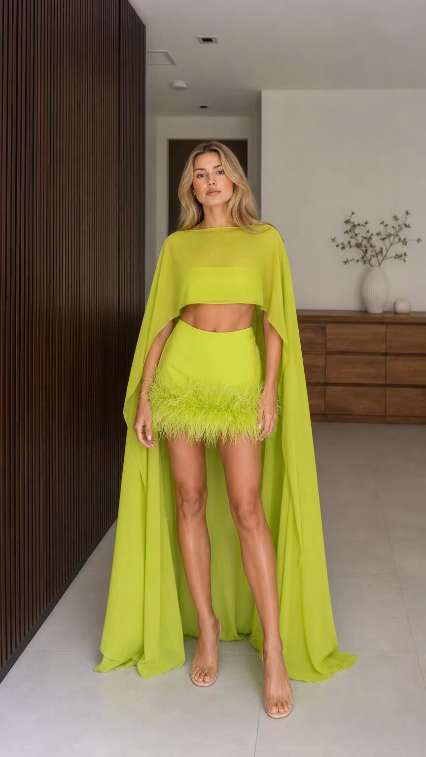 Feather-Trim Crop Top and Mini Skirt Set with Dramatic Flowing Cape - ellahollywood