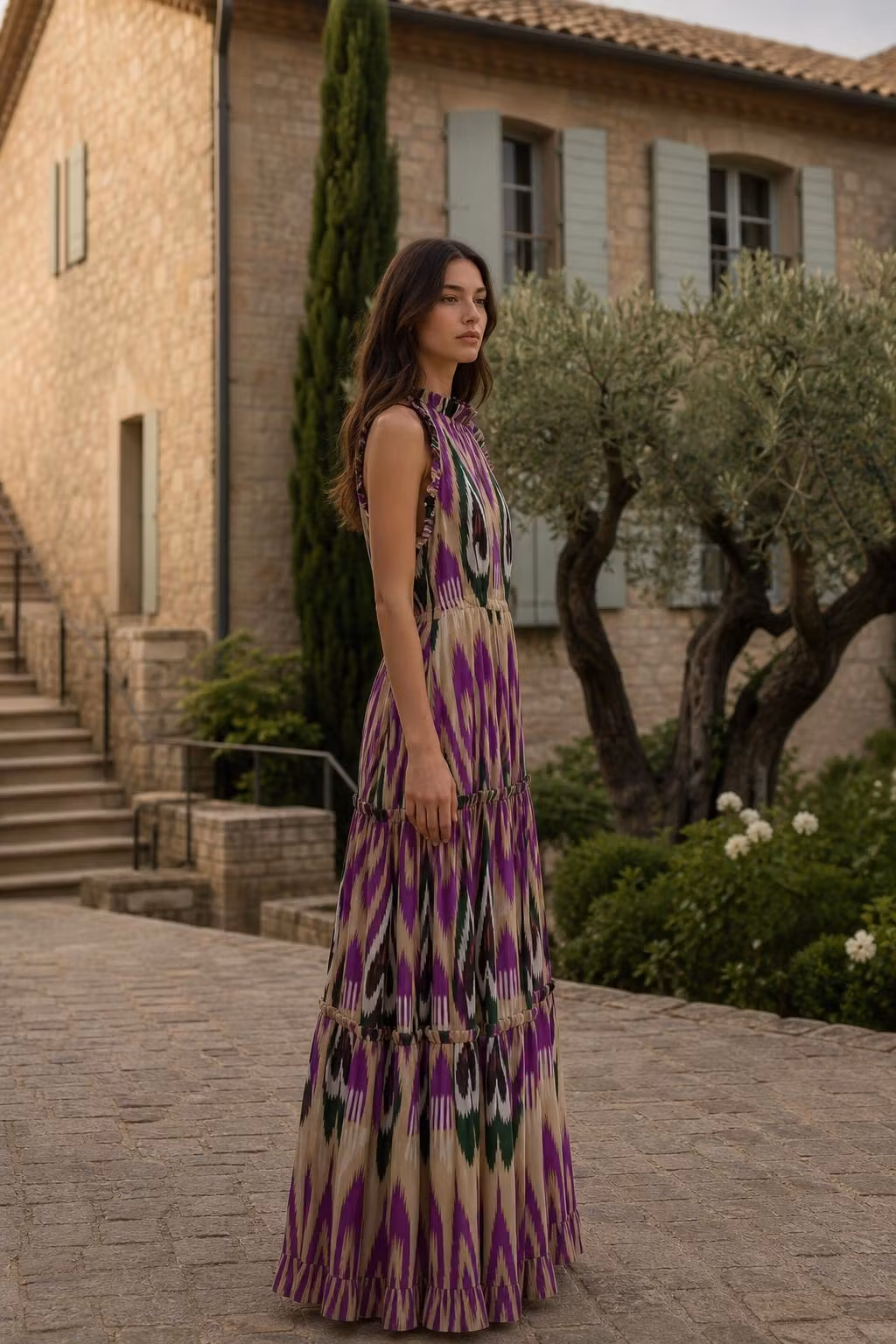 Bohemian Ikat Print Ruffle High-Neck Sleeveless Maxi Dress - ellahollywood