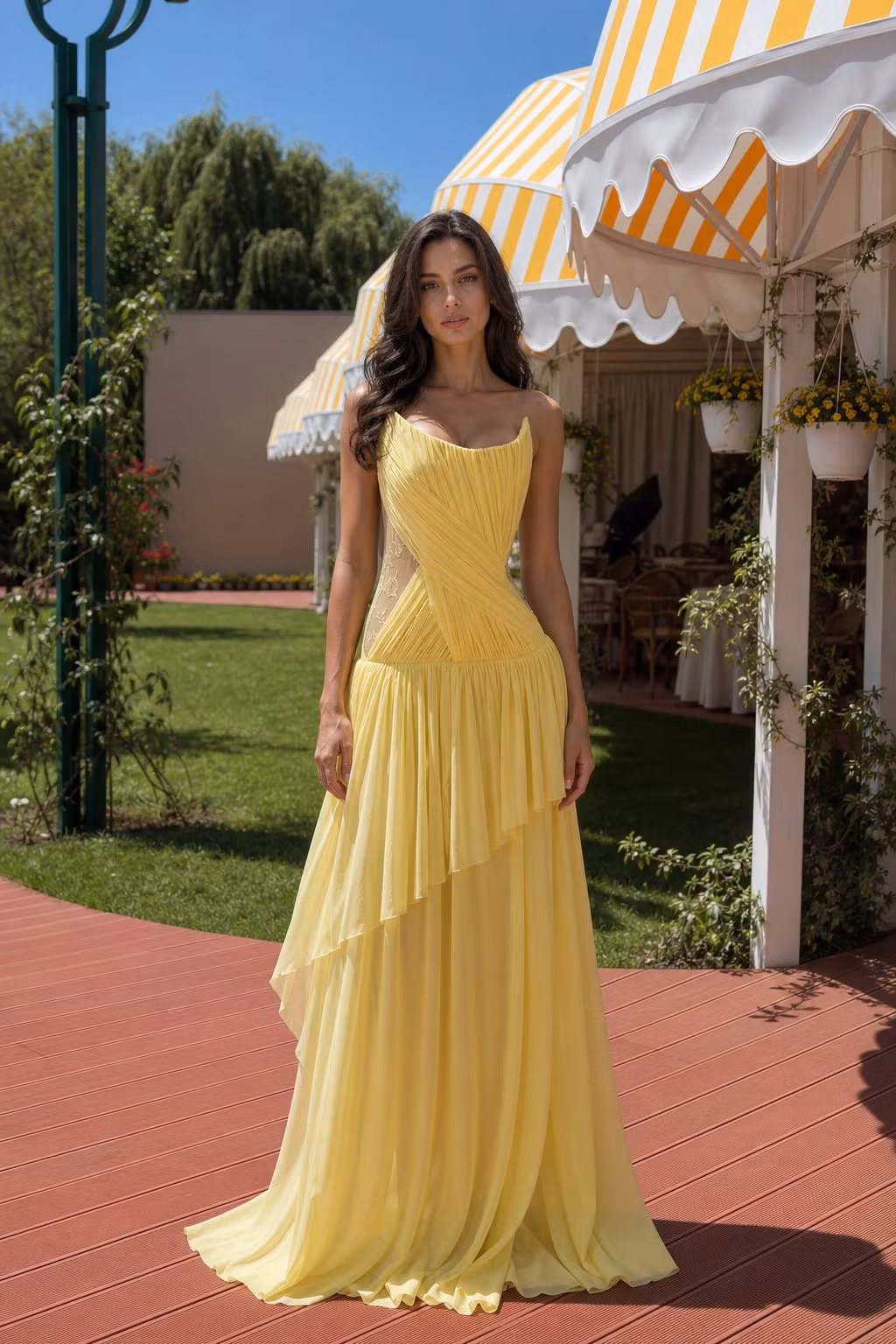 Elegant Sleeveless Pleated Chiffon Evening Dress With Lace Panels - ellahollywood
