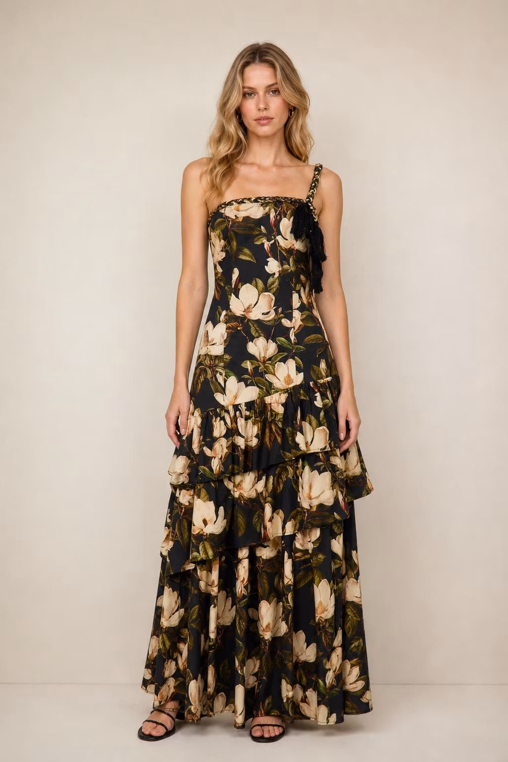 Floral Print Tiered Maxi Dress With Braided Straps - ellahollywood