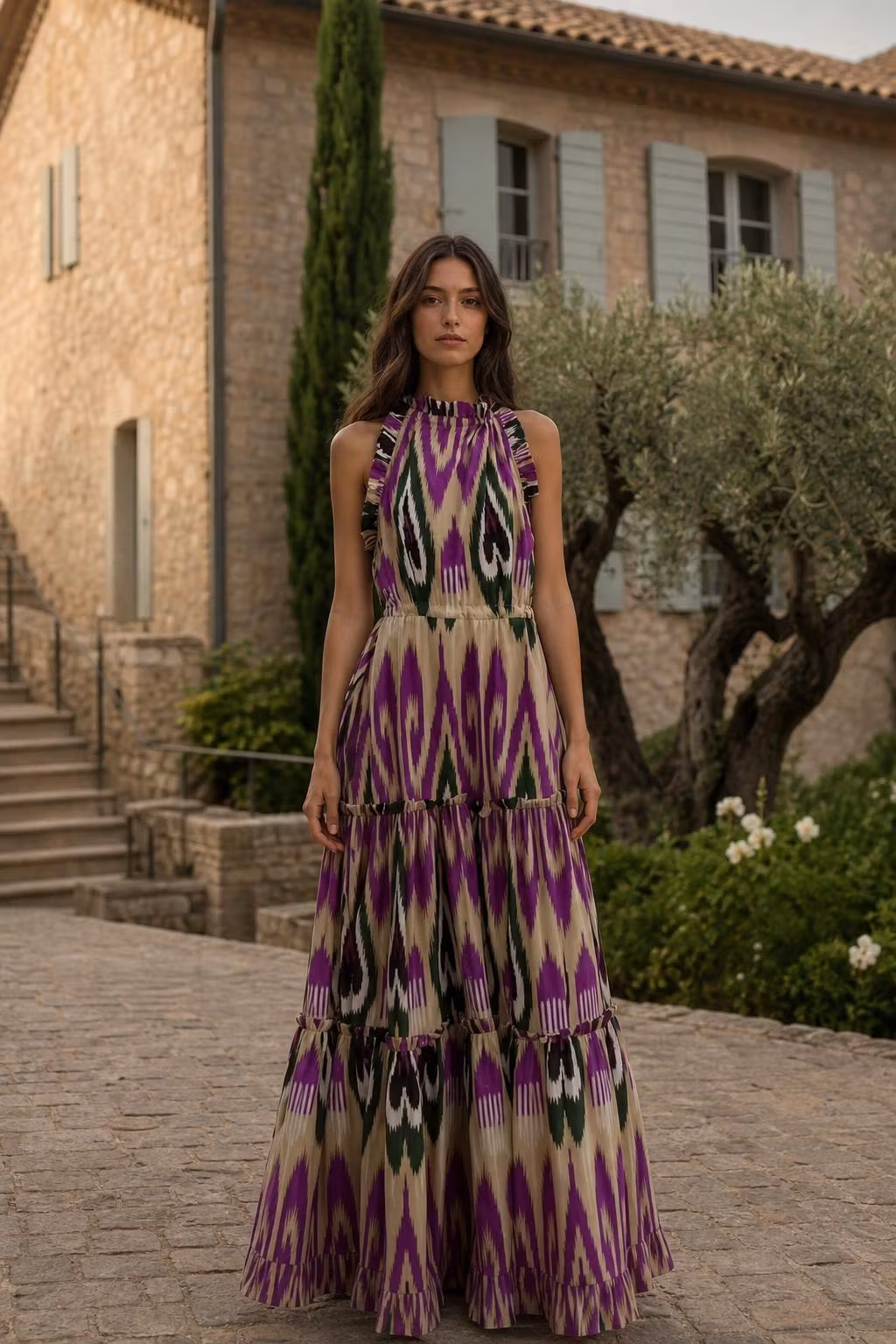 Bohemian Ikat Print Ruffle High-Neck Sleeveless Maxi Dress - ellahollywood