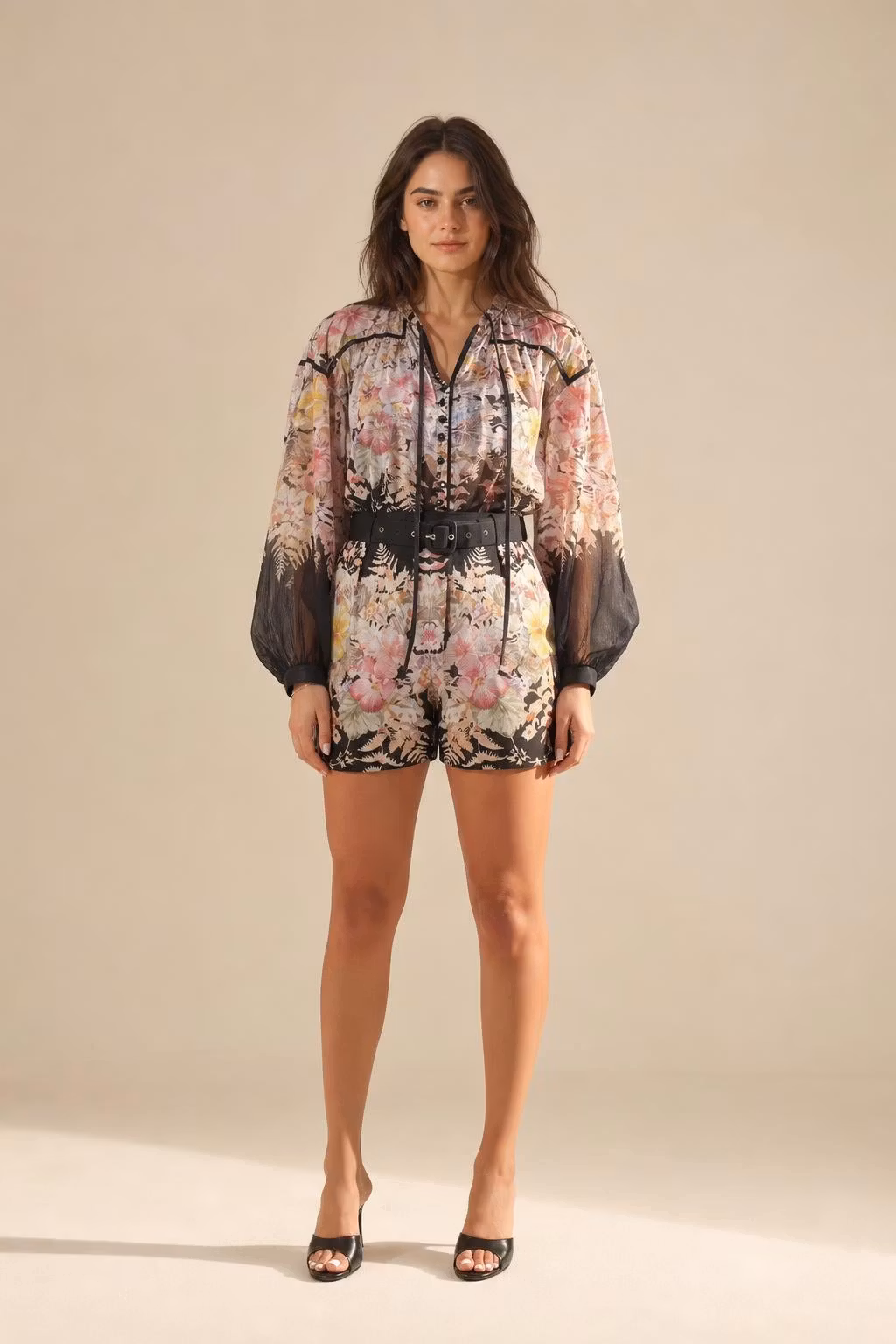 Boho Floral Print Long Sleeve Romper With Contrast Piping - ellahollywood