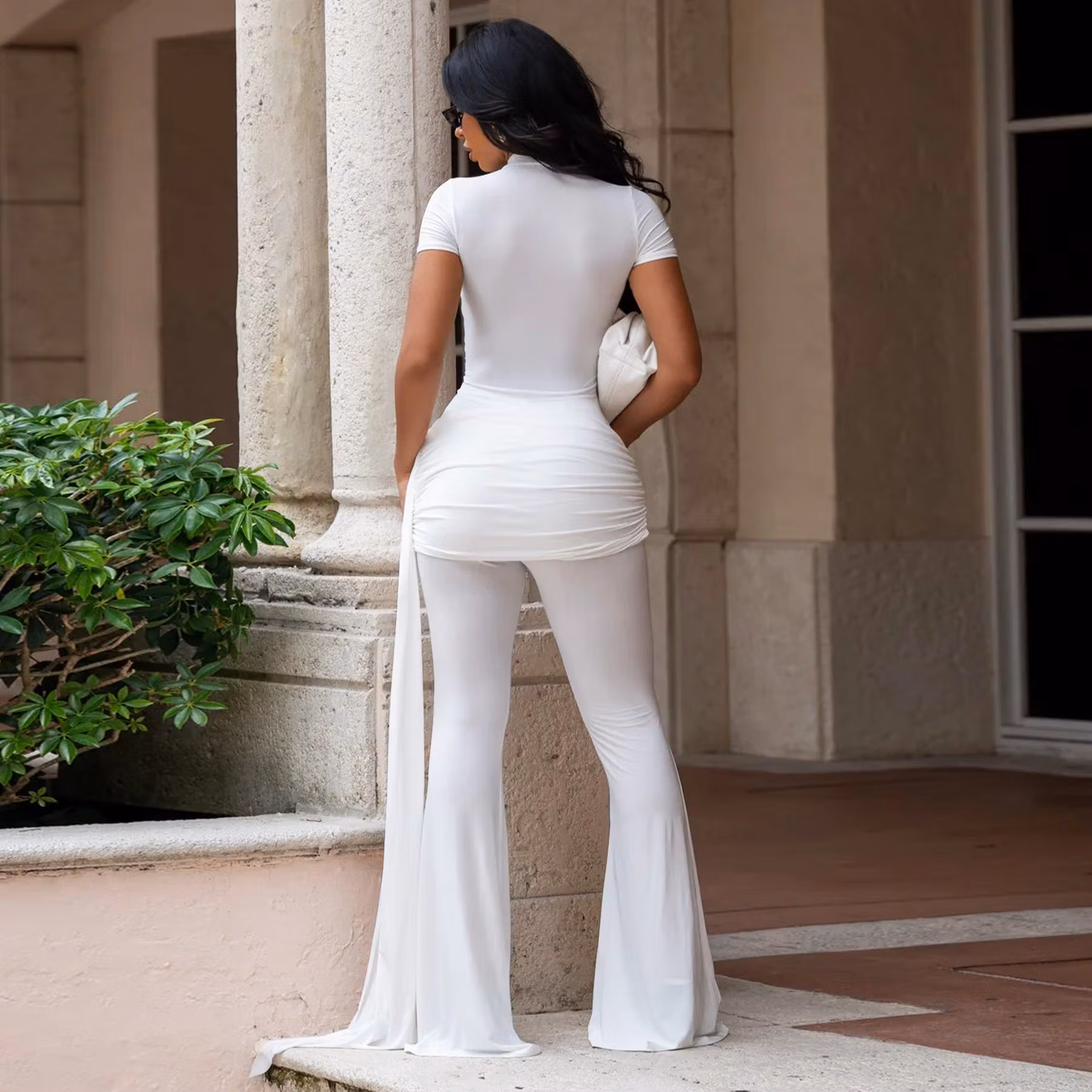 Solid-Color High-Neck Pleated Slim-Fit Drawstring Jumpsuit - ellahollywood