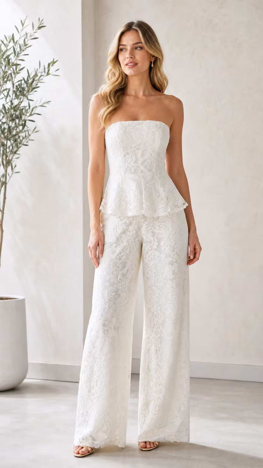 Strapless Floral Lace Peplum Wide-Leg Jumpsuit - ellahollywood