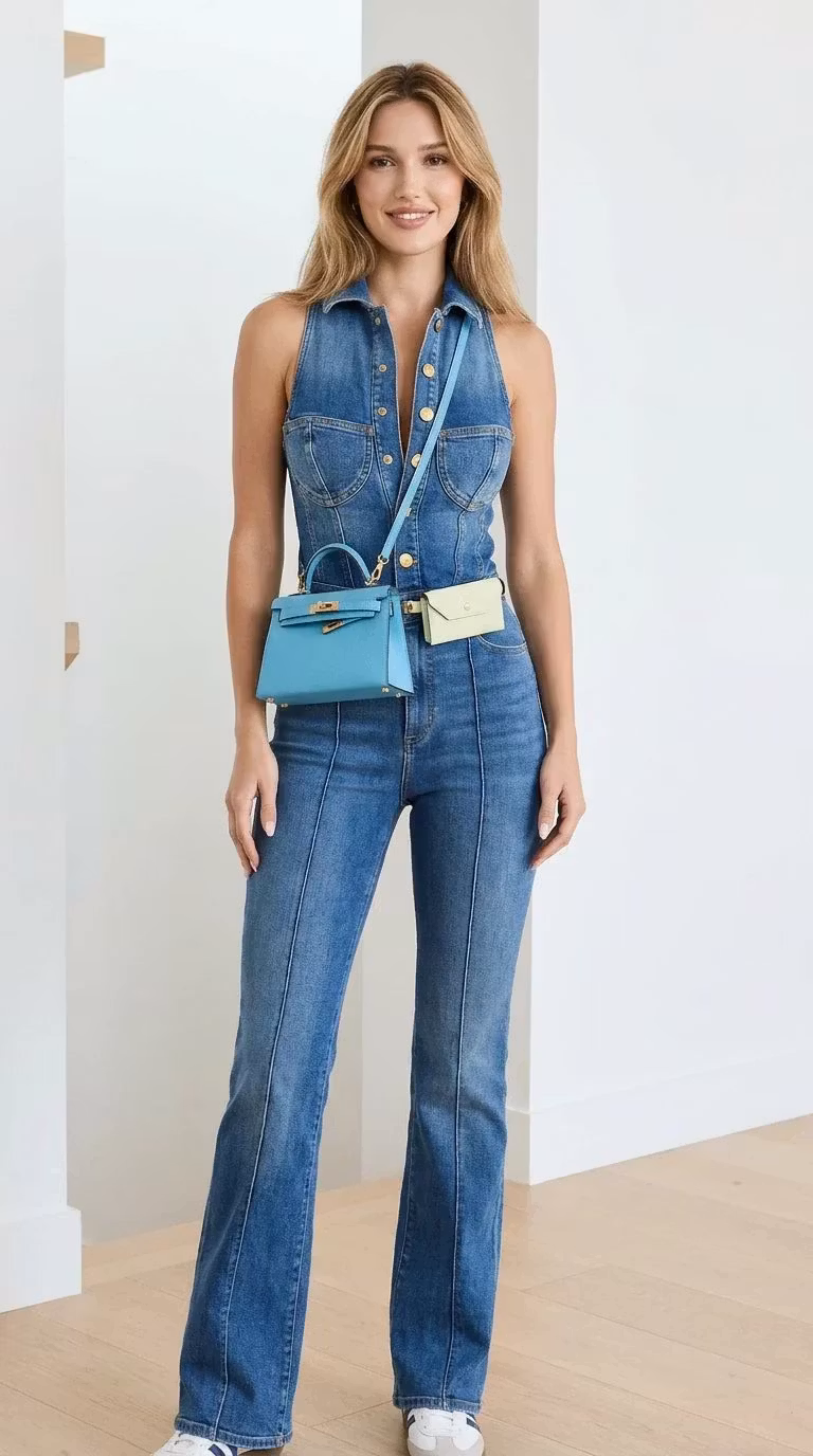 Sleeveless Denim Flare Jumpsuit with Button Front - ellahollywood