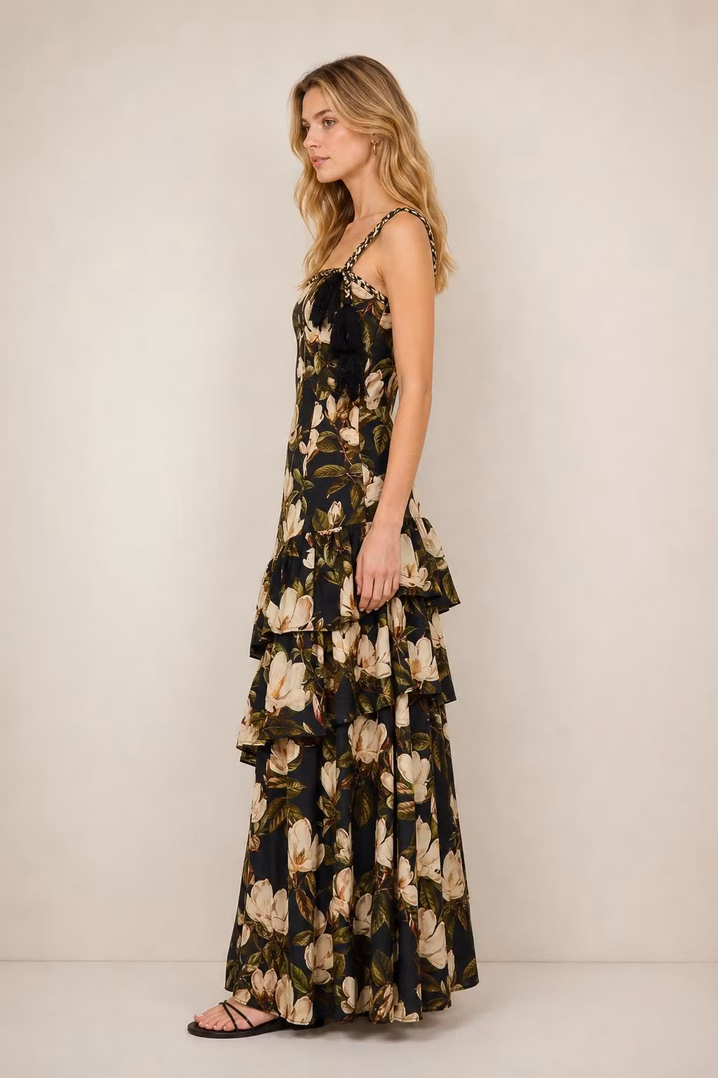 Floral Print Tiered Maxi Dress With Braided Straps - ellahollywood