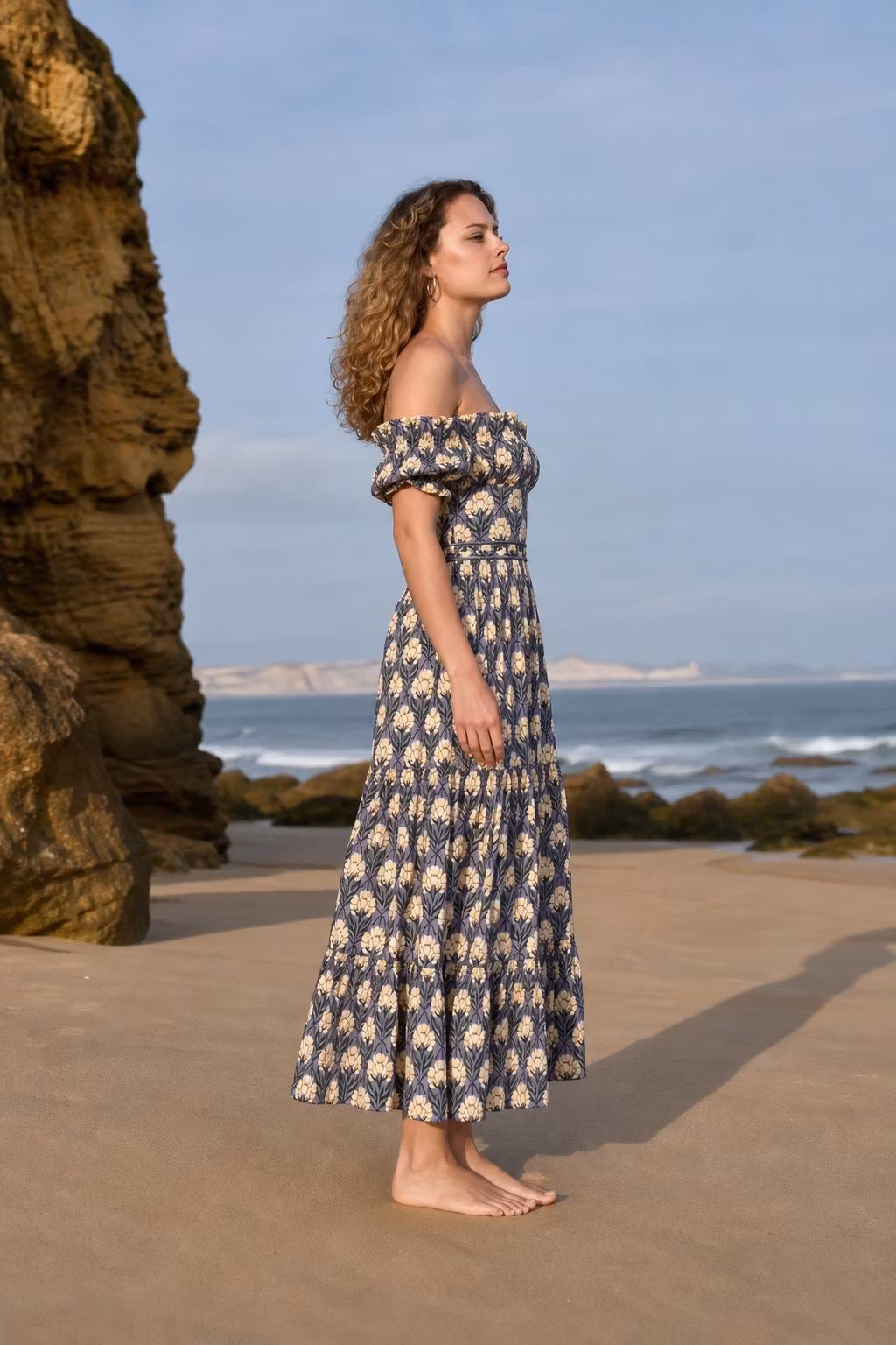 Bohemian Off-The-Shoulder Floral Print Tiered Midi Dress - ellahollywood