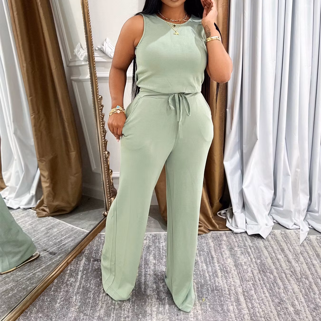 Casual Solid-Colored Lace-Up Jumpsuit - ellahollywood