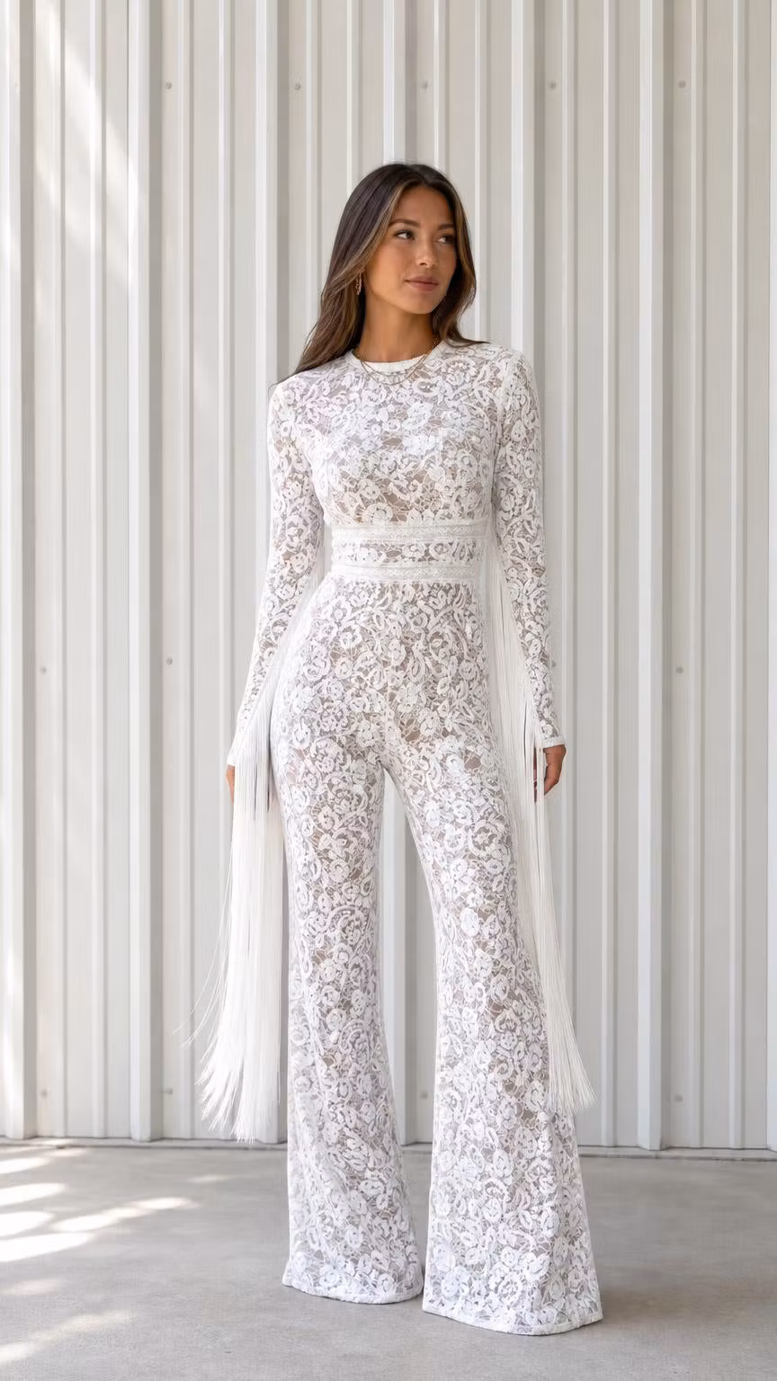 Elegant Lace Long Sleeve Wide Leg Jumpsuit With Fringe Detail - ellahollywood