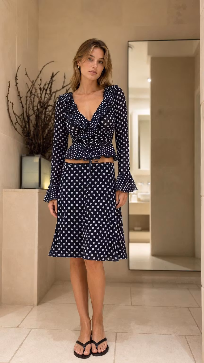 Polka Dot Long Sleeve Ruffle Crop Top and Midi Skirt Set - ellahollywood