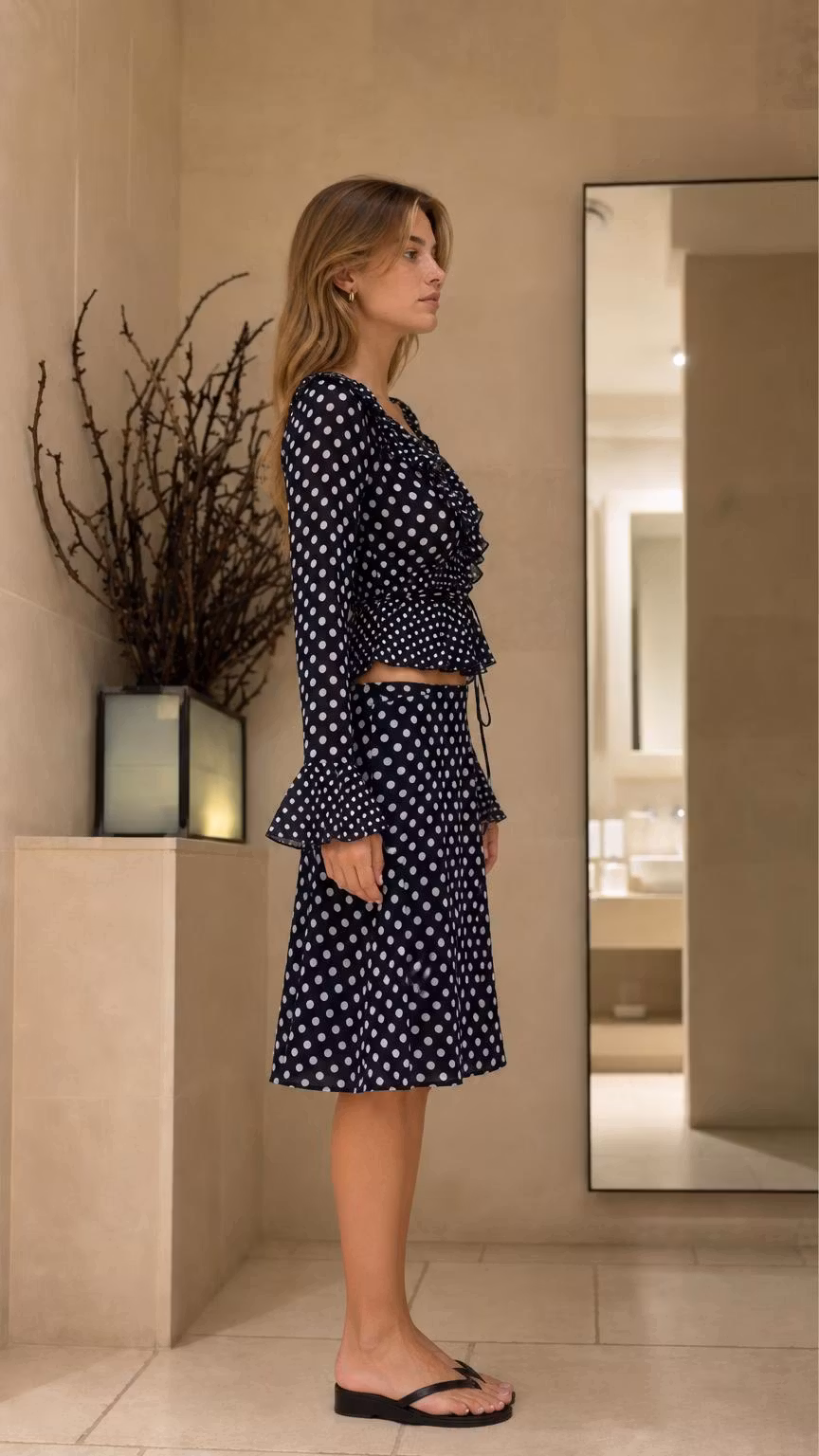 Polka Dot Long Sleeve Ruffle Crop Top and Midi Skirt Set - ellahollywood