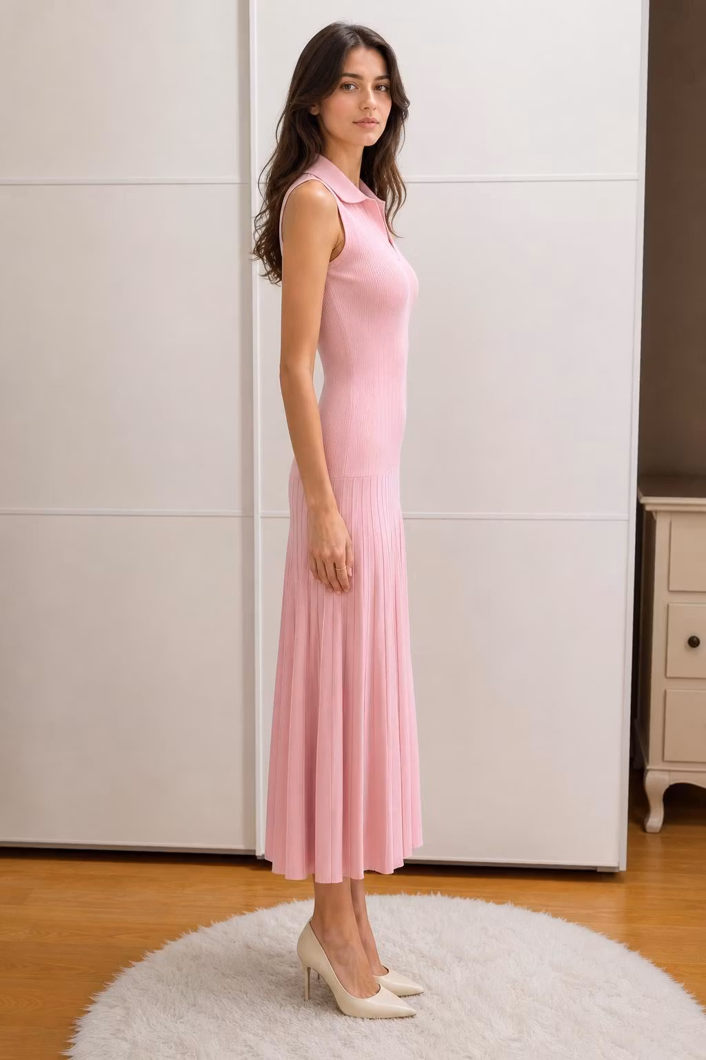 Sleeveless Polo Collar Pleated Knit Midi Dress - ellahollywood