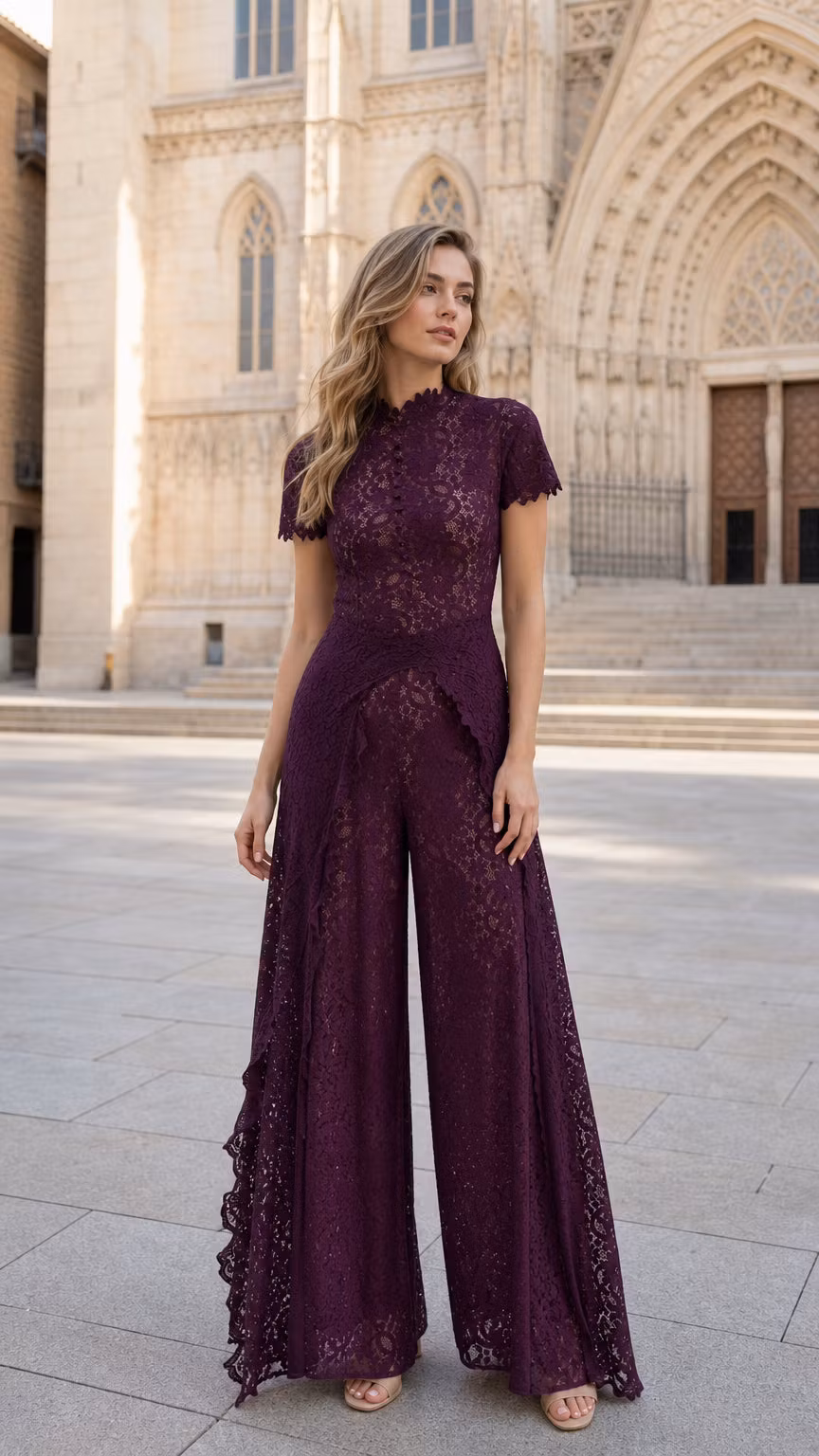 Floral Lace Mock Neck Wide-Leg Jumpsuit with Peplum Overlay - ellahollywood