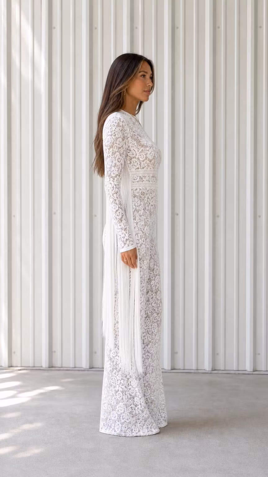Elegant Lace Long Sleeve Wide Leg Jumpsuit With Fringe Detail - ellahollywood