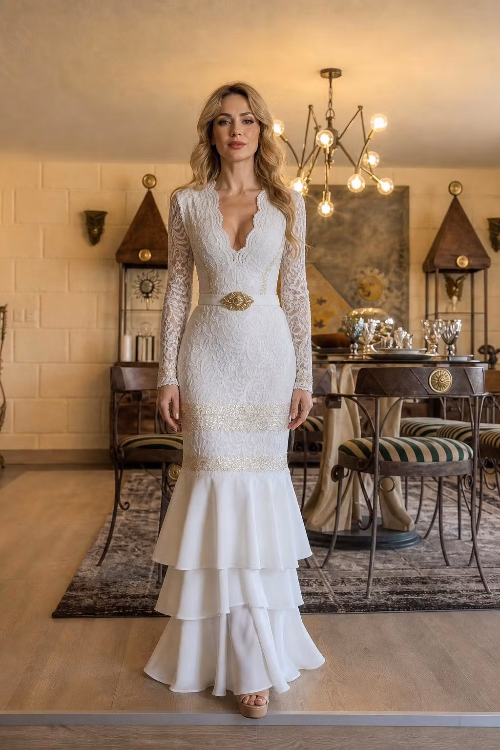Elegant Lace Long-Sleeve Mermaid Maxi Dress With Tiered Ruffle Hem - ellahollywood