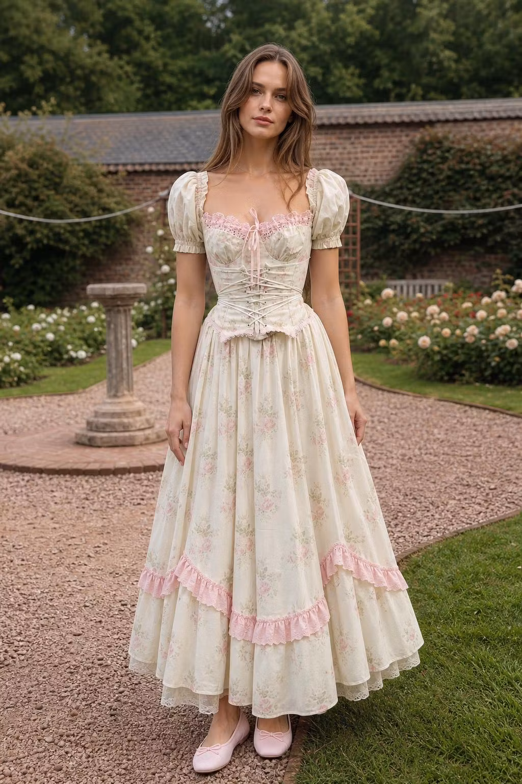 Vintage Floral Corset Maxi Dress With Puff Sleeves And Ruffle Trim - ellahollywood