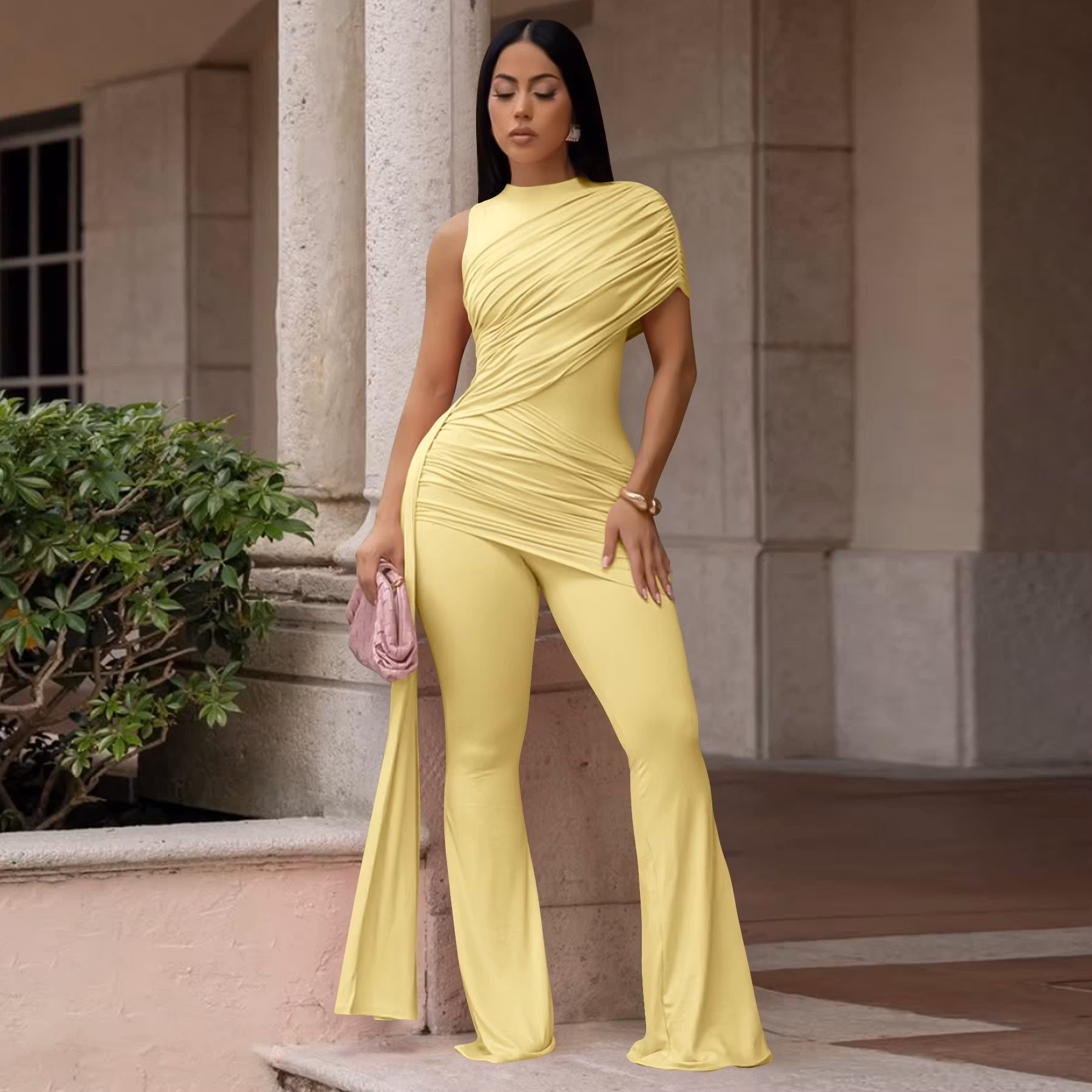 Sexy Crew-Neck Pleated Ribbon Jumpsuit - ellahollywood