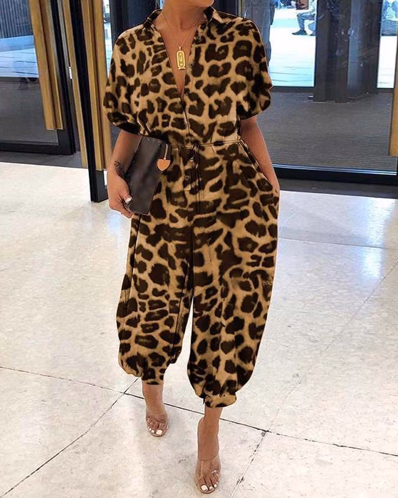 Leopard Print Retro Short Sleeve Jumpsuit - ellahollywood