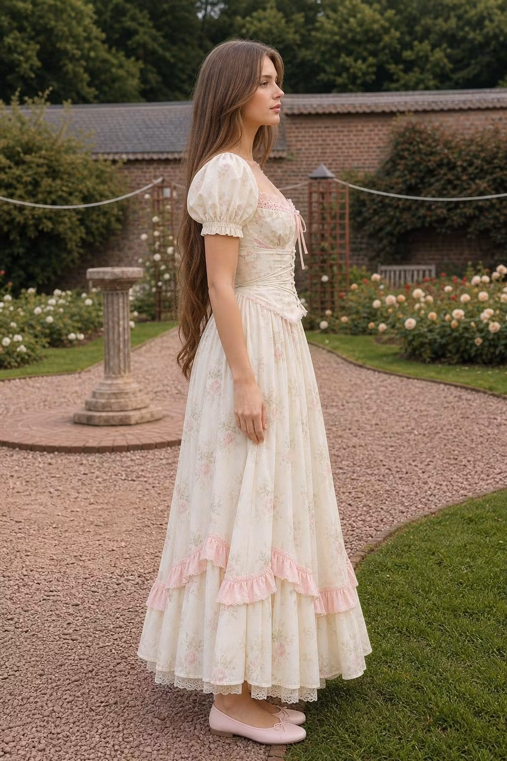 Vintage Floral Corset Maxi Dress With Puff Sleeves And Ruffle Trim - ellahollywood