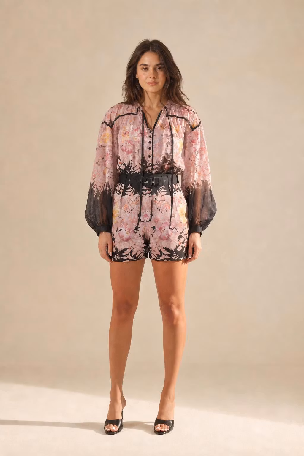 Boho Floral Print Long Sleeve Romper With Contrast Piping - ellahollywood