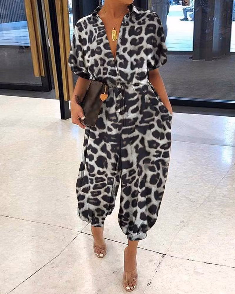 Leopard Print Retro Short Sleeve Jumpsuit - ellahollywood
