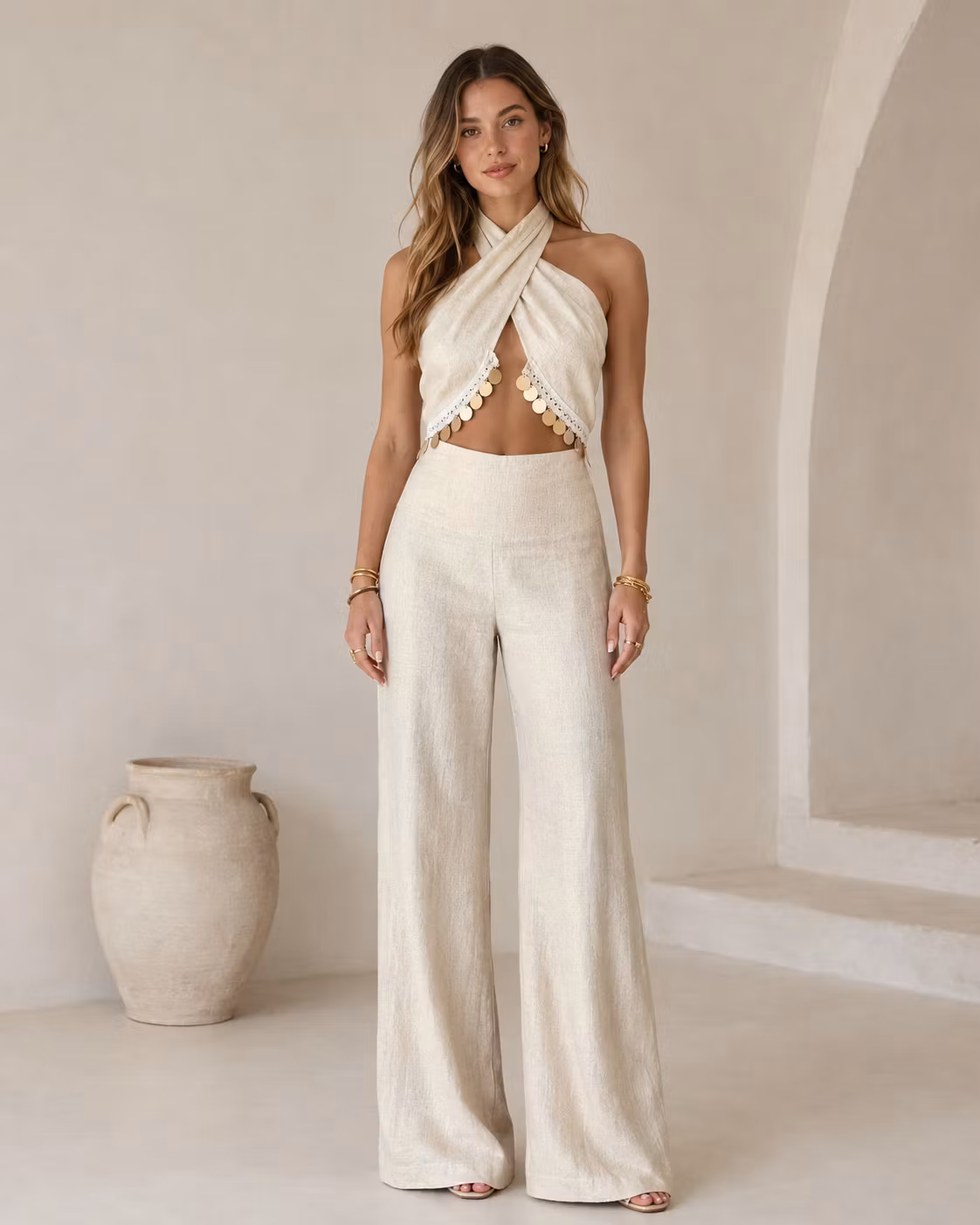 Cross Halter Cutout Wide Leg Jumpsuit With Disc Trim - ellahollywood