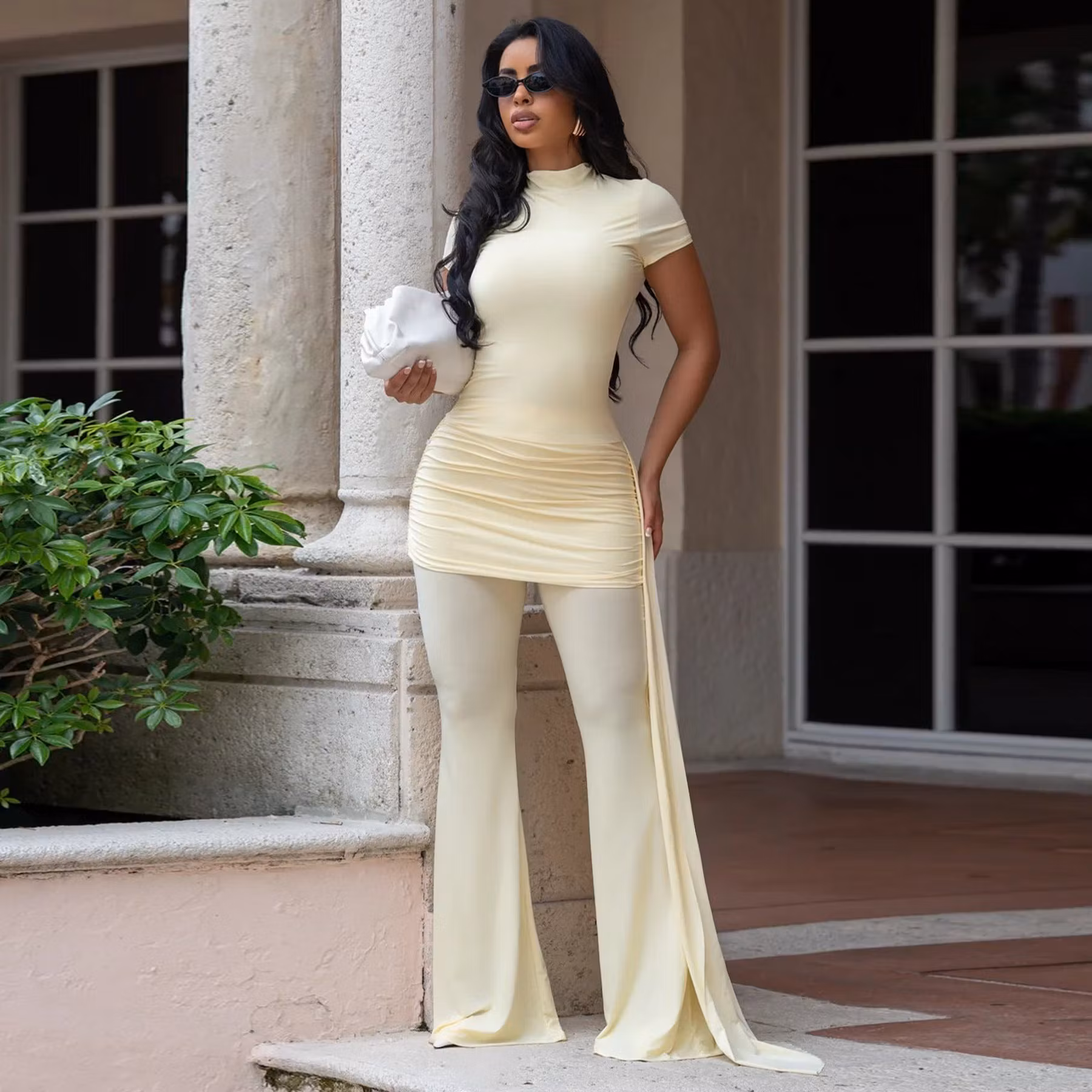 Solid-Color High-Neck Pleated Slim-Fit Drawstring Jumpsuit - ellahollywood