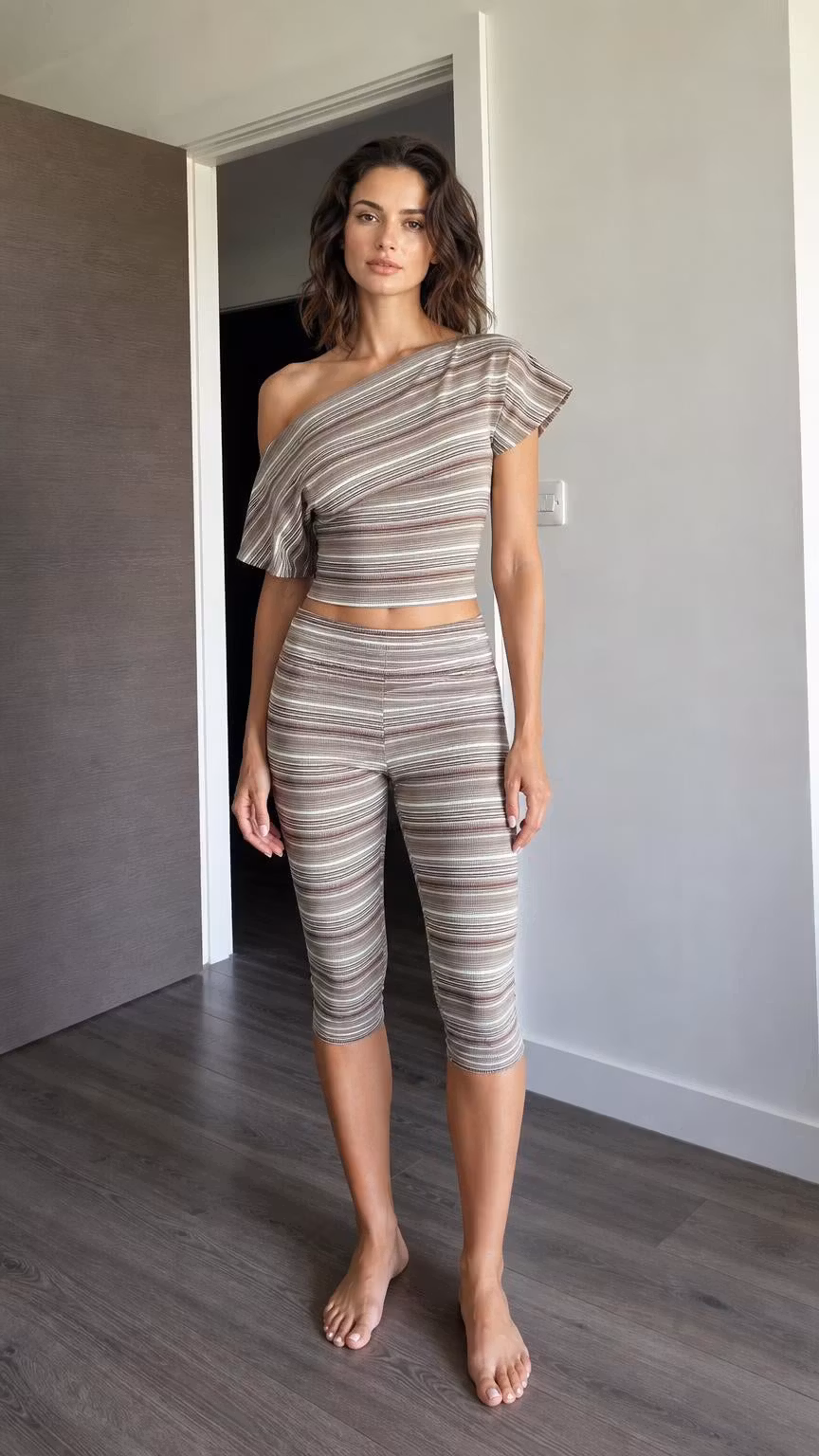 Striped One-Shoulder Crop Top and Capri Leggings Set - ellahollywood