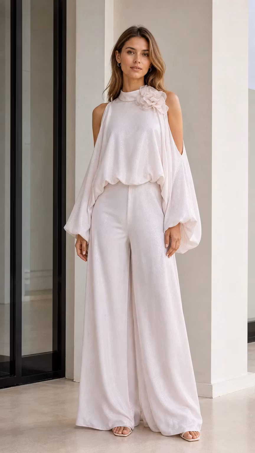 Cold-Shoulder Blouse and Wide-Leg Trouser Set with Floral Accent - ellahollywood
