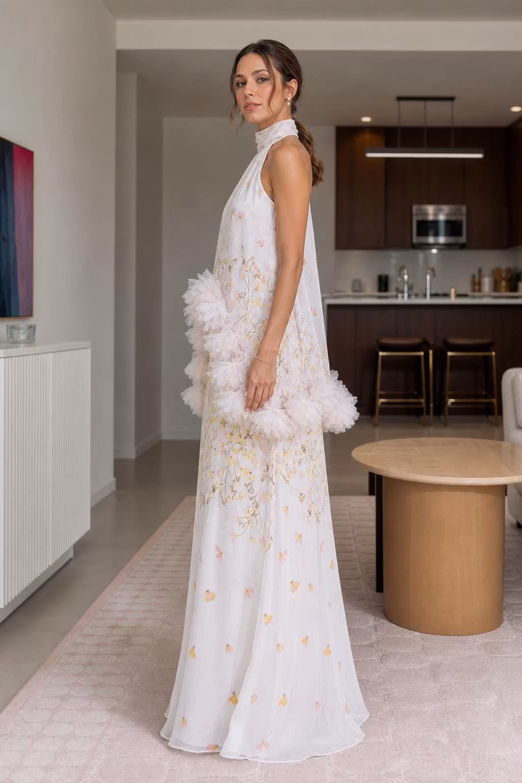 Ethereal Floral Halter Maxi Dress With Ruffle Details - ellahollywood