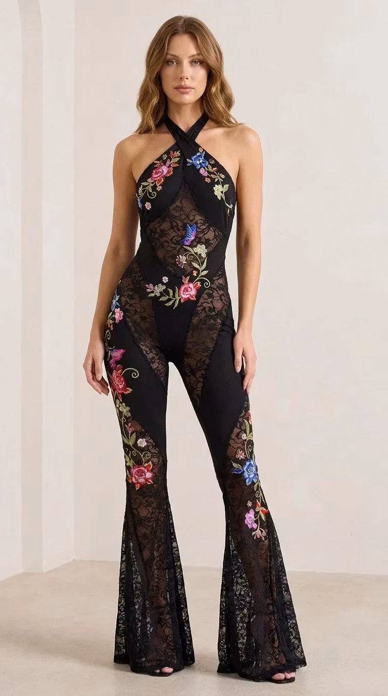 Halter Neck Floral Embroidered Lace Panel Jumpsuit - ellahollywood