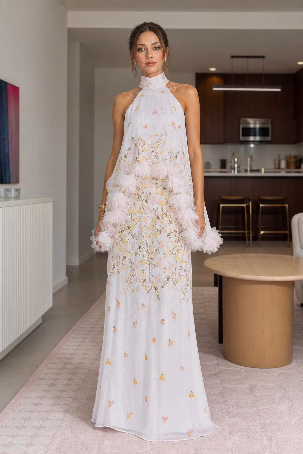 Ethereal Floral Halter Maxi Dress With Ruffle Details - ellahollywood